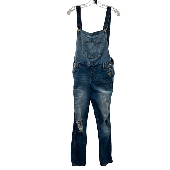 KanCan Women's Open Back Denim Overalls Slim Leg Distressed Size Small - Picture 1 of 9